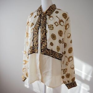 Vintage Retro 90s Twee Satin gold flower jewelry mirror pattern women's shirt